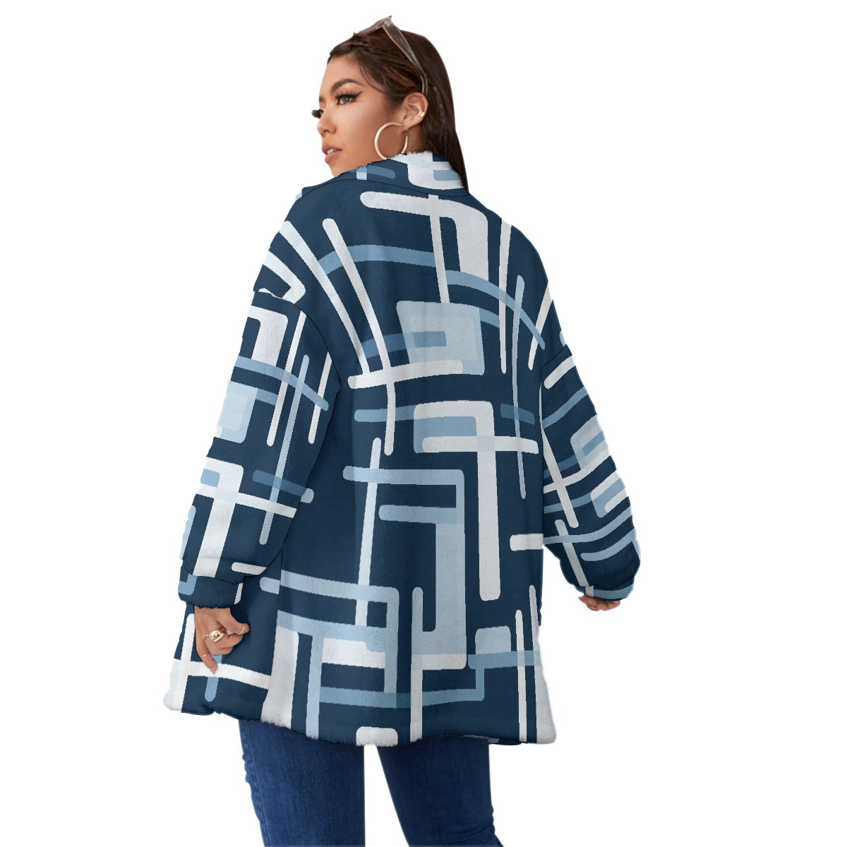 All-Over Print Unisex Borg Fleece Stand-up Collar Coat With Zipper Closure(Plus Size)