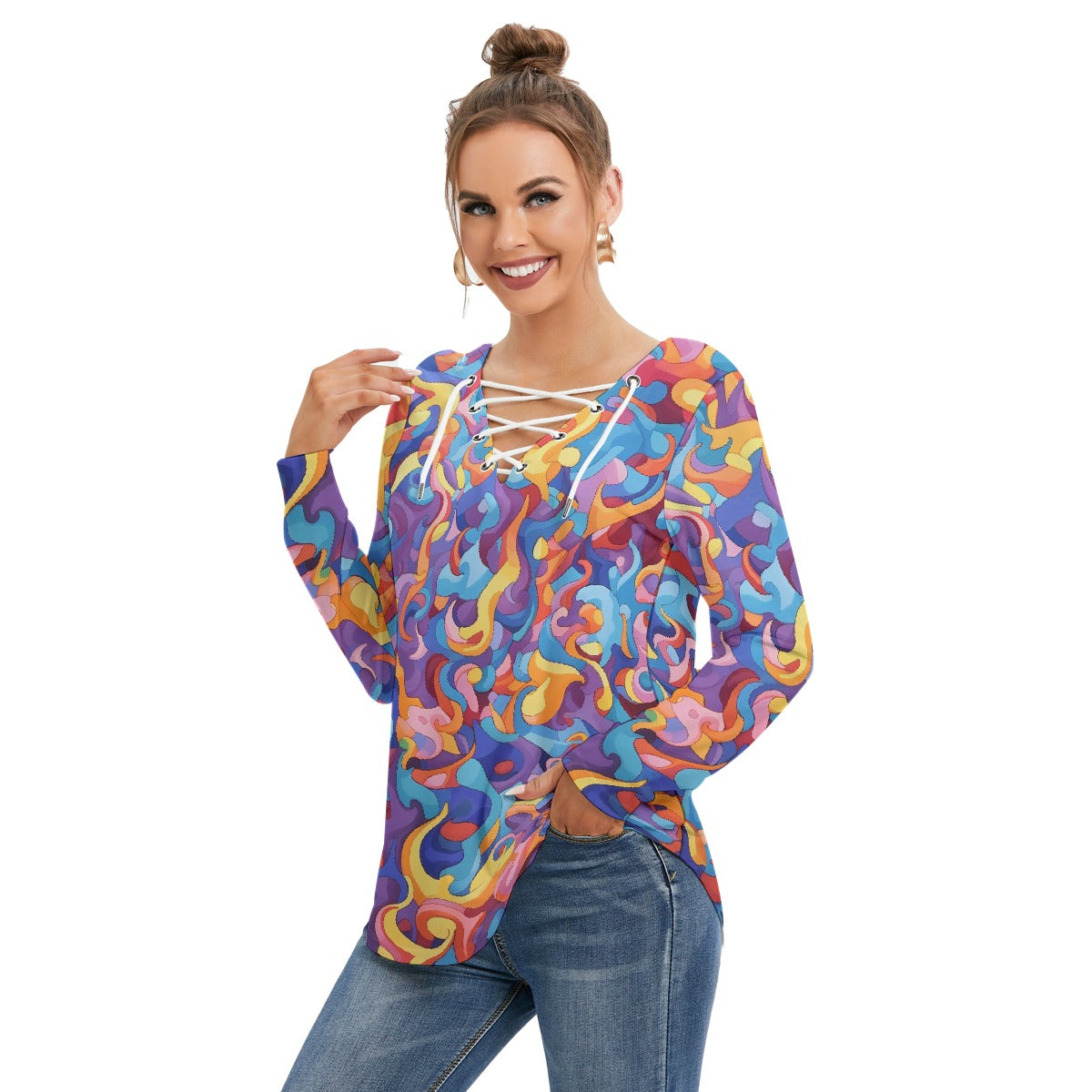All-Over Print Women's Long Sleeve Neckline Tie Sweatshirt