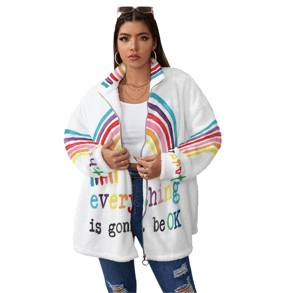 All-Over Print Unisex Borg Fleece Stand-up Collar Coat With Zipper Closure(Plus Size)