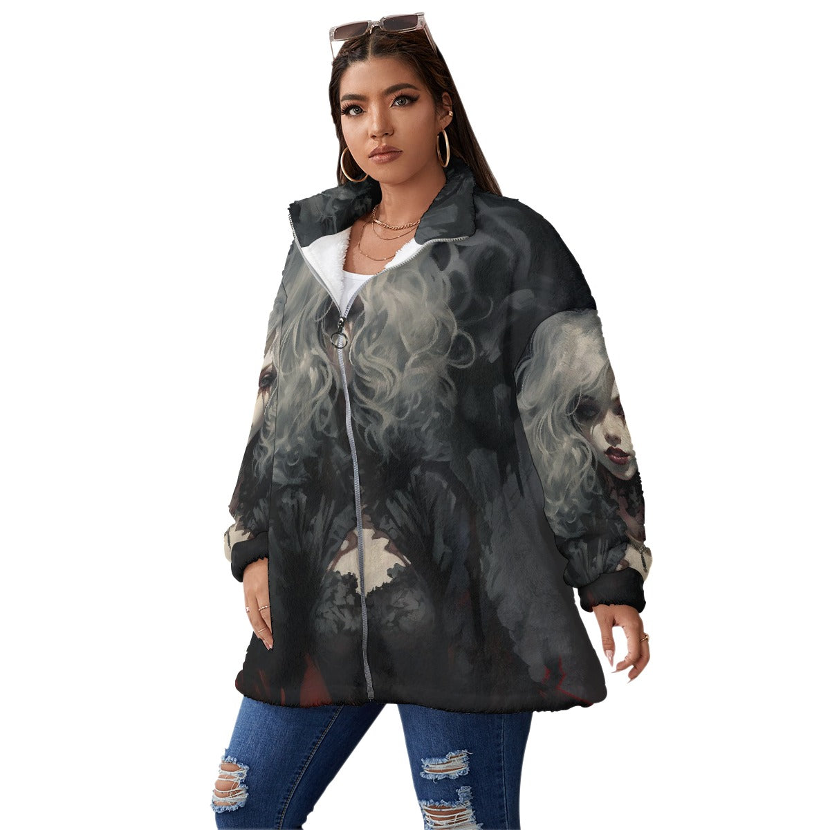 All-Over Print Unisex Borg Fleece Stand-up Collar Coat With Zipper Closure(Plus Size)