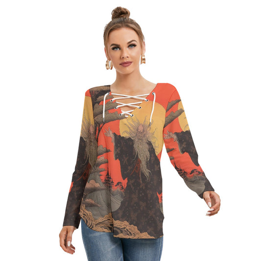 All-Over Print Women's Long Sleeve Neckline Tie Sweatshirt