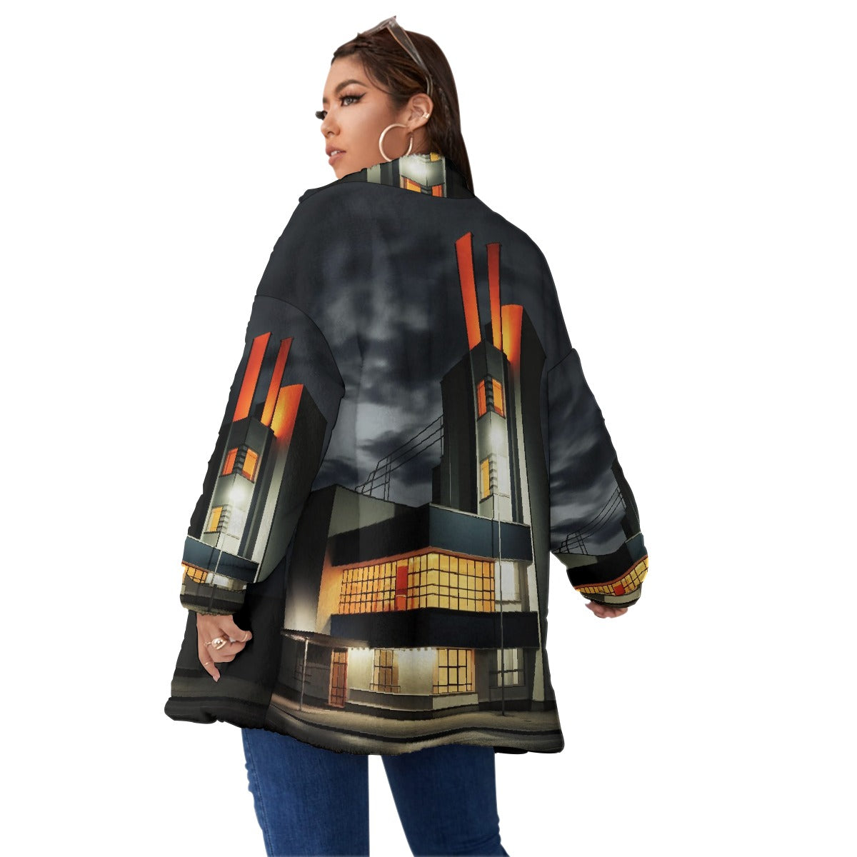 All-Over Print Unisex Borg Fleece Stand-up Collar Coat With Zipper Closure(Plus Size)