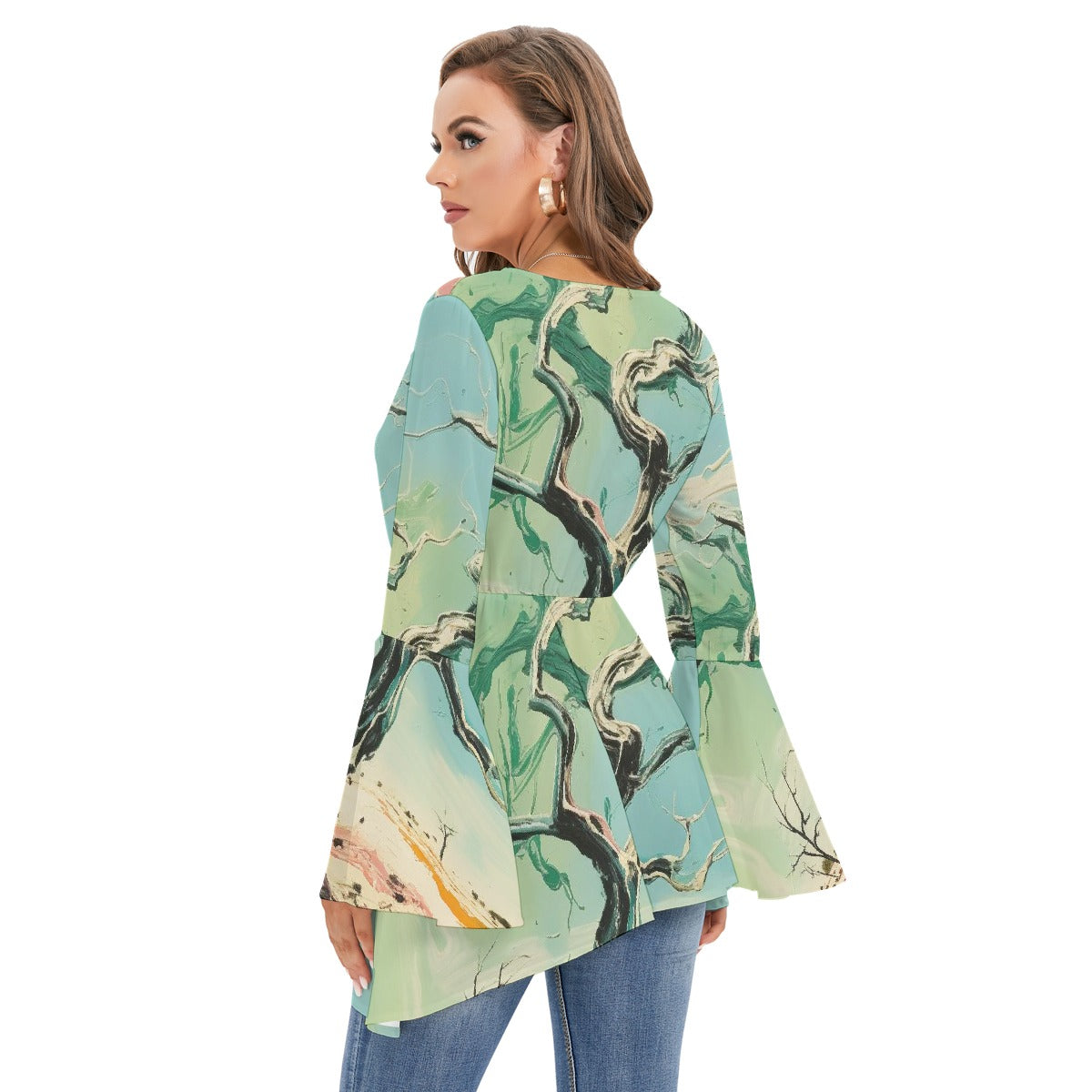 All-Over Print Women's V-neck Blouse With Flared Sleeves