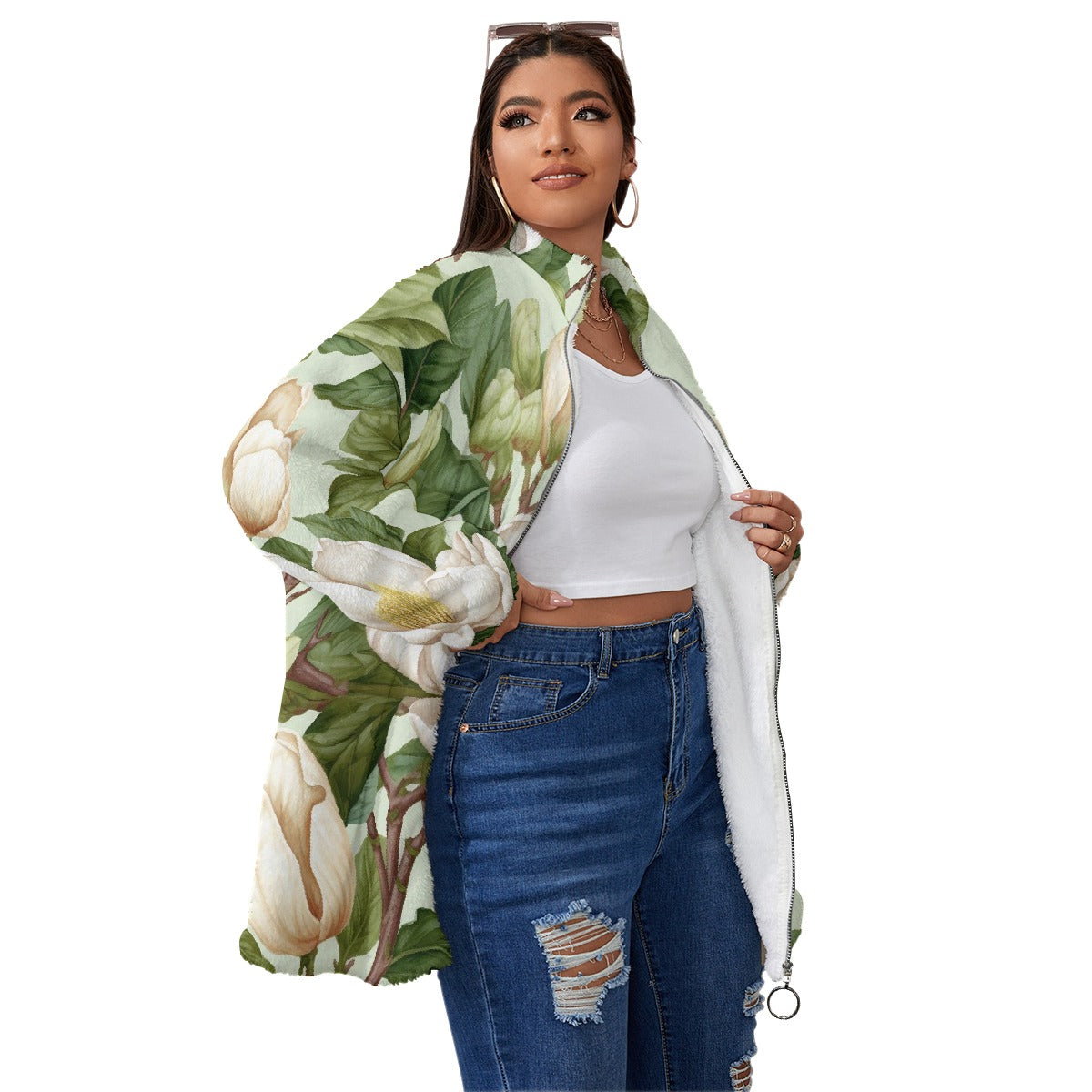 All-Over Print Unisex Borg Fleece Stand-up Collar Coat With Zipper Closure(Plus Size)