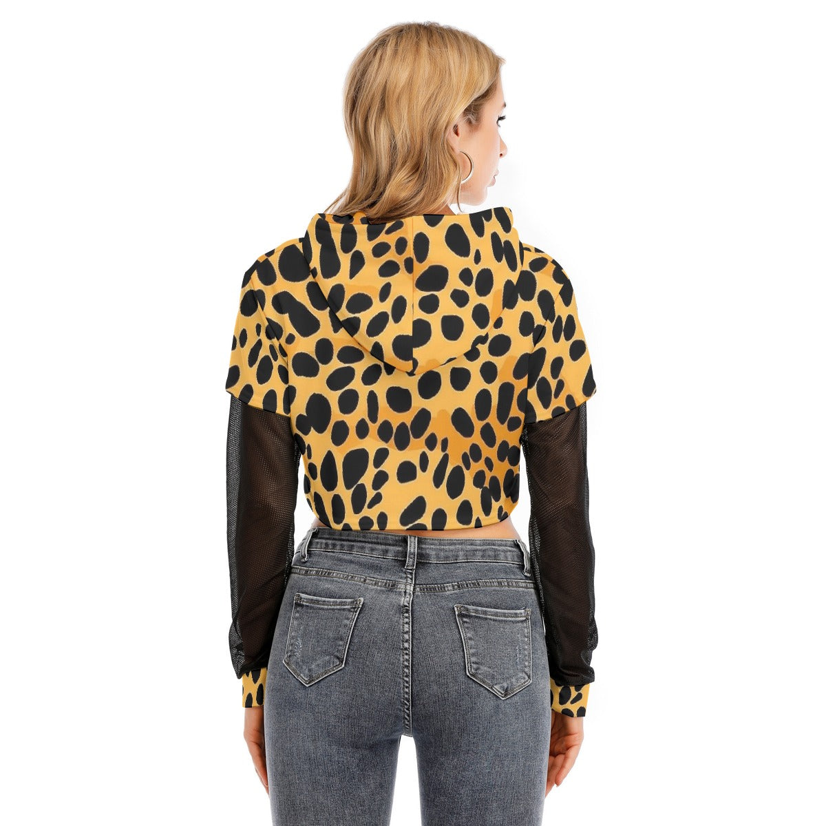 All-Over Print Women's Fake Two-piece Mesh Sleeve Cropped Hoodie