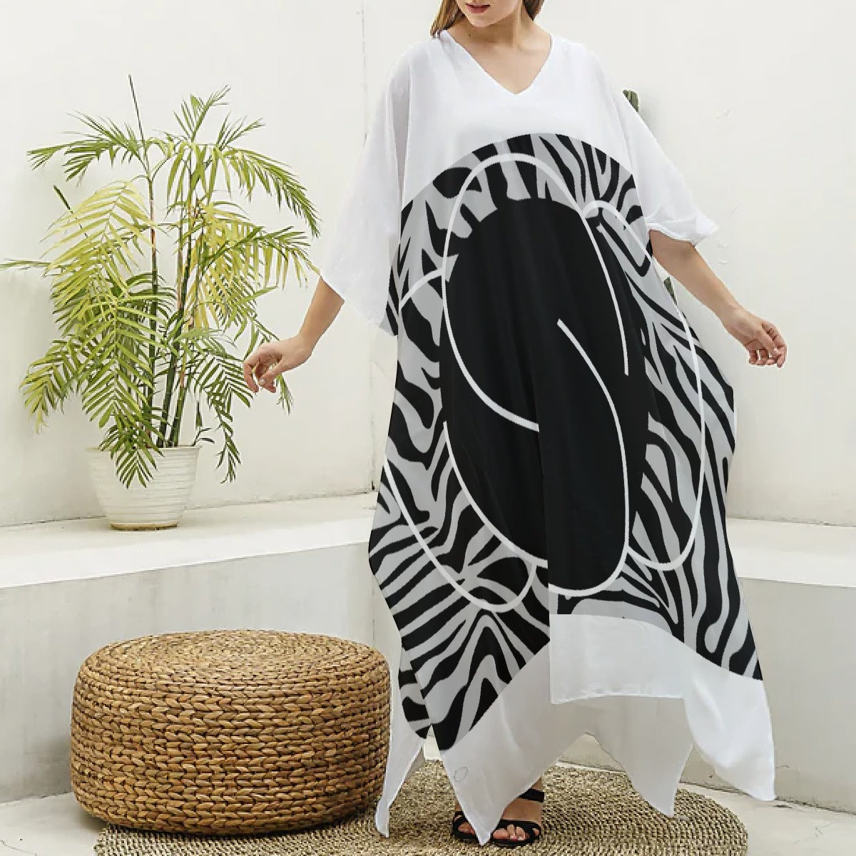 All-Over Print Women's Imitation Silk V-neck Kaftan Robe