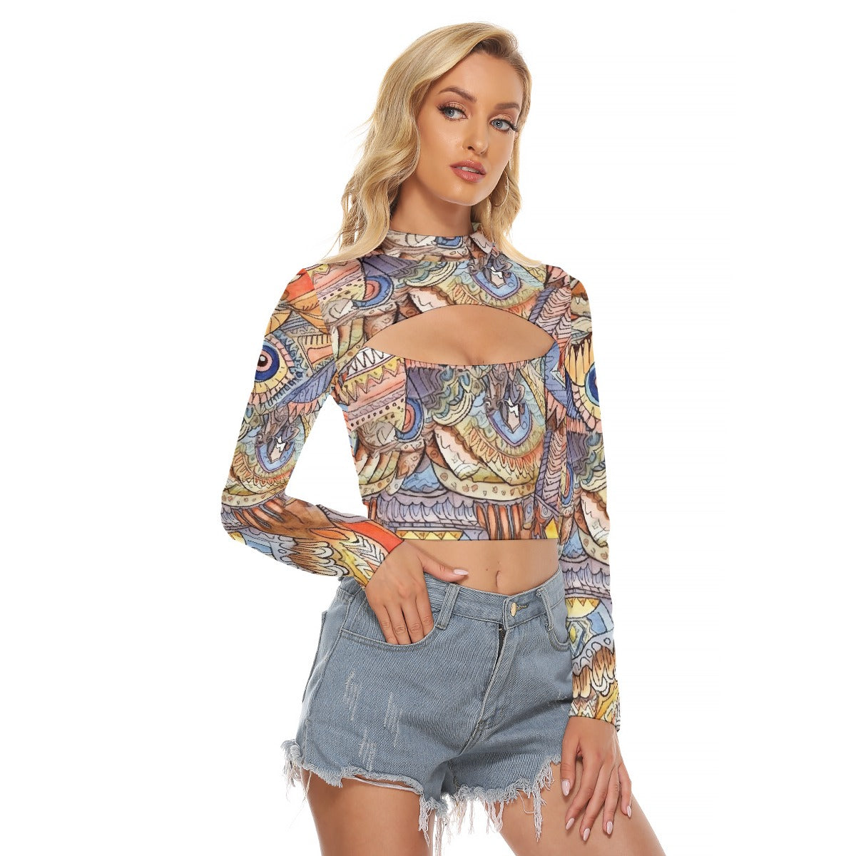 All-Over Print Women's Hollow Chest Keyhole Tight Crop Top