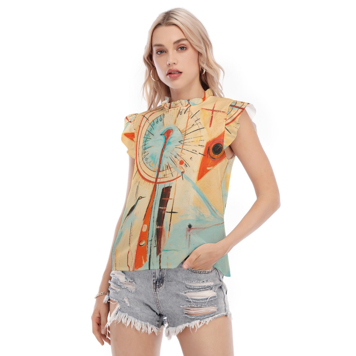 All-Over Print Women's Blouse With Ruffle Collar And Sleeve