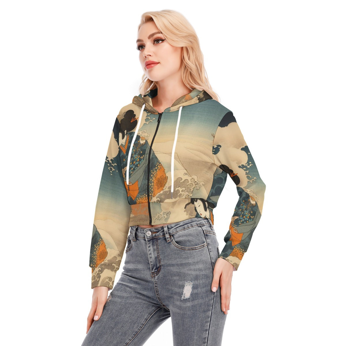 All-Over Print Women's Crop Top Hoodie With Zipper Closure