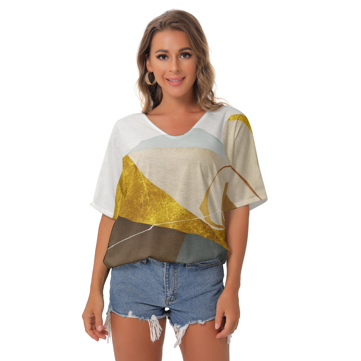 All-Over Print Women's Bat Sleeves V-Neck Blouse