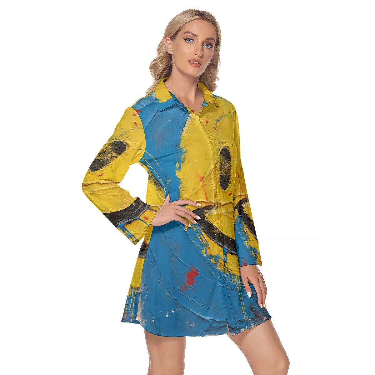 All-Over Print Women's Lapel Shirt Dress With Long Sleeve