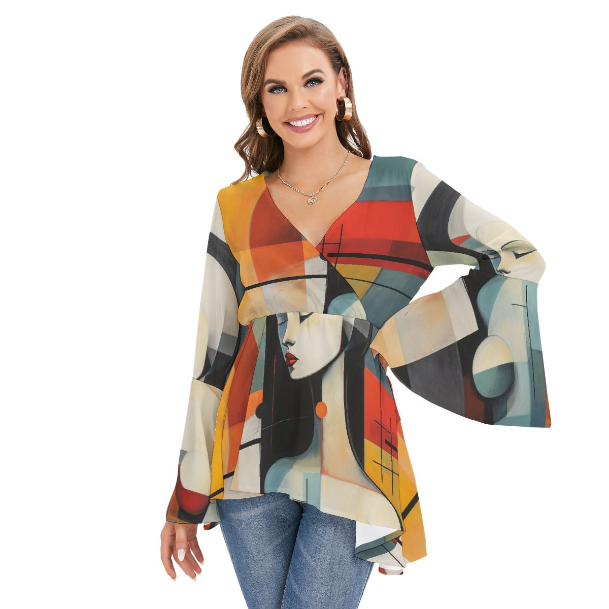 All-Over Print Women's V-neck Blouse With Flared Sleeves