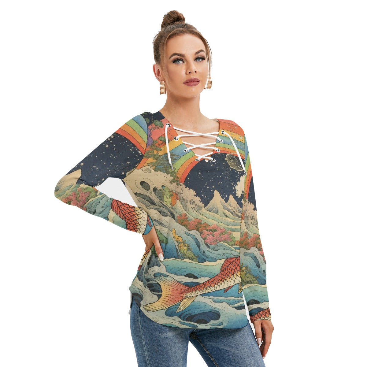 All-Over Print Women's Long Sleeve Neckline Tie Sweatshirt