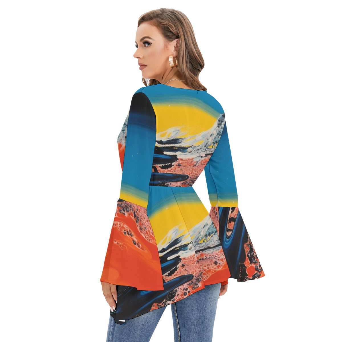 All-Over Print Women's V-neck Blouse With Flared Sleeves