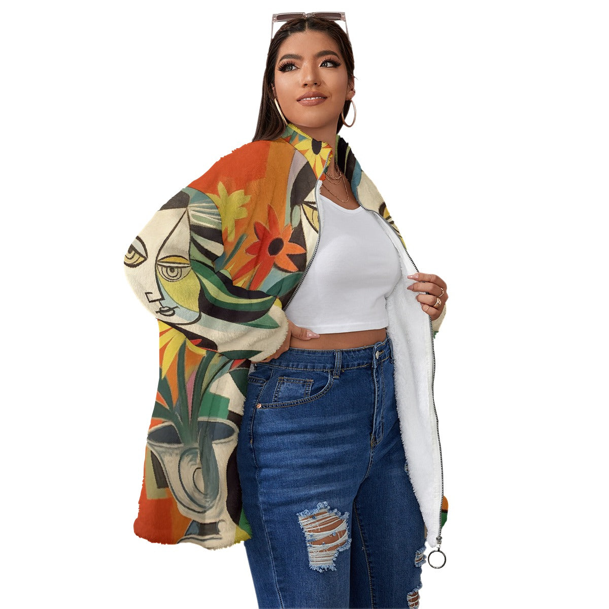 All-Over Print Unisex Borg Fleece Stand-up Collar Coat With Zipper Closure(Plus Size)