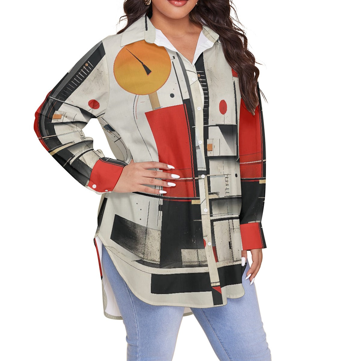 All-Over Print Women's Shirt With Long Sleeve(Plus Size)