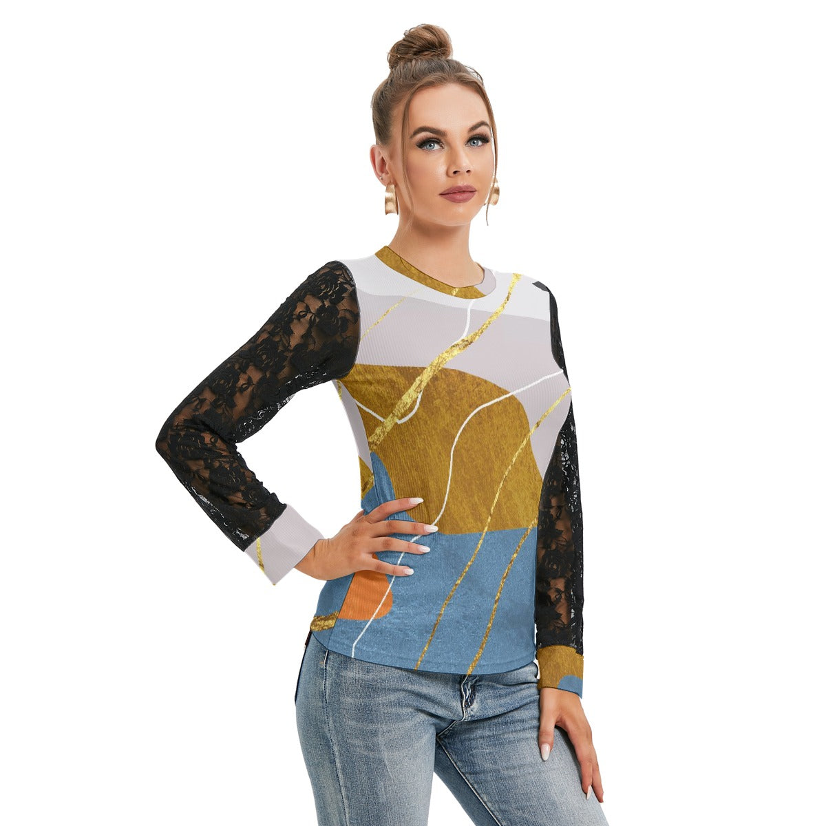All-Over Print Women's T-shirt And Sleeve With Black Lace