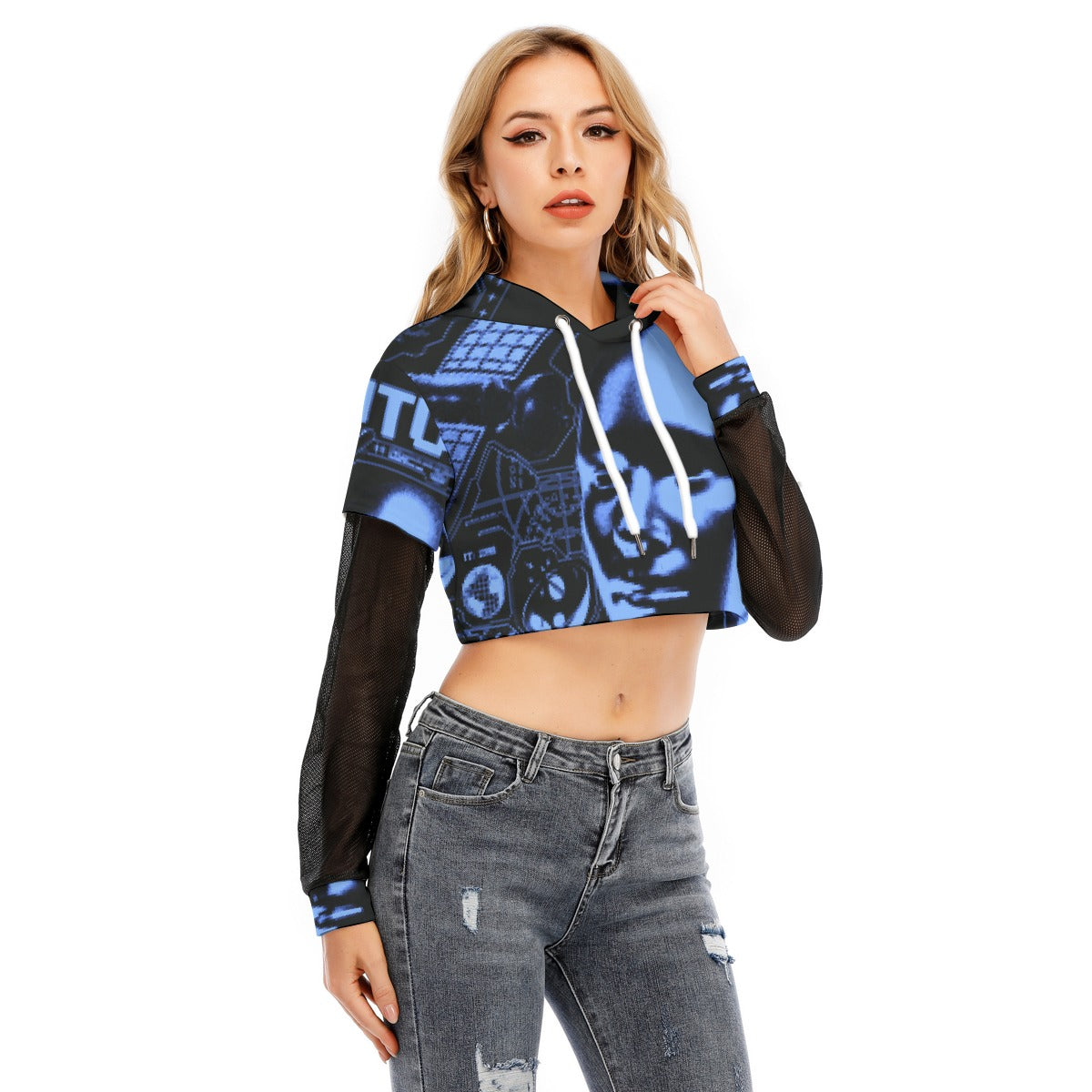 All-Over Print Women's Fake Two-piece Mesh Sleeve Cropped Hoodie
