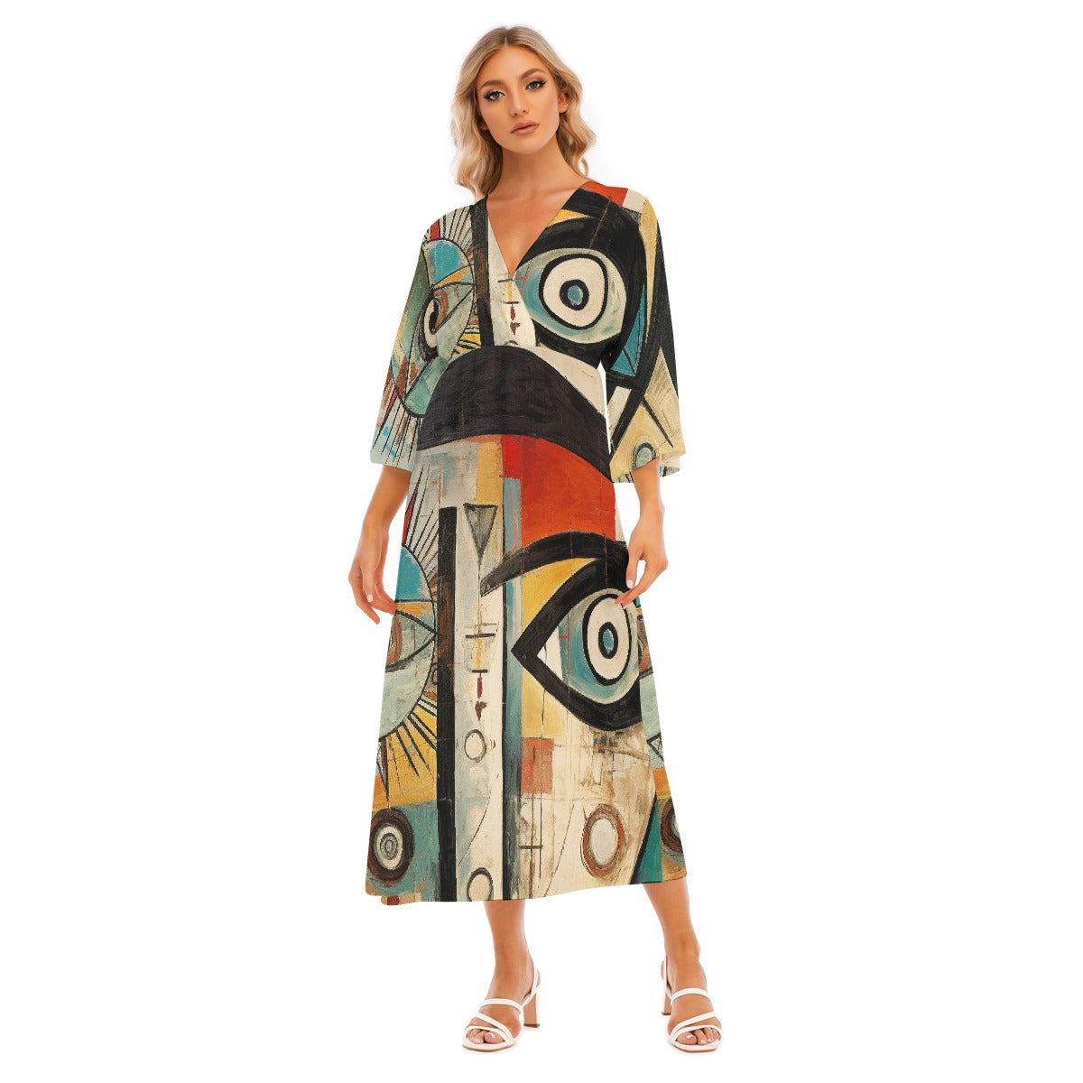 All-Over Print Women's Mid-Sleeve Long Dress