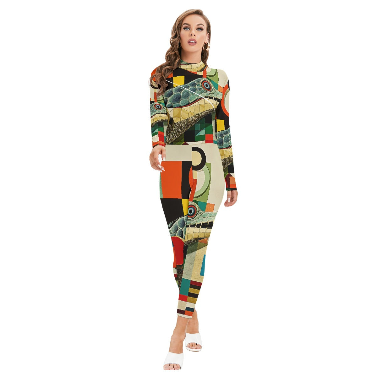All-Over Print Women's Long-sleeved High-neck Jumpsuit With Zipper