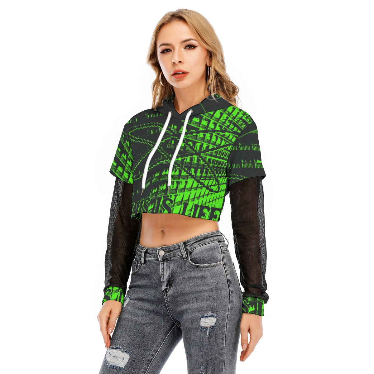 All-Over Print Women's Fake Two-piece Mesh Sleeve Cropped Hoodie