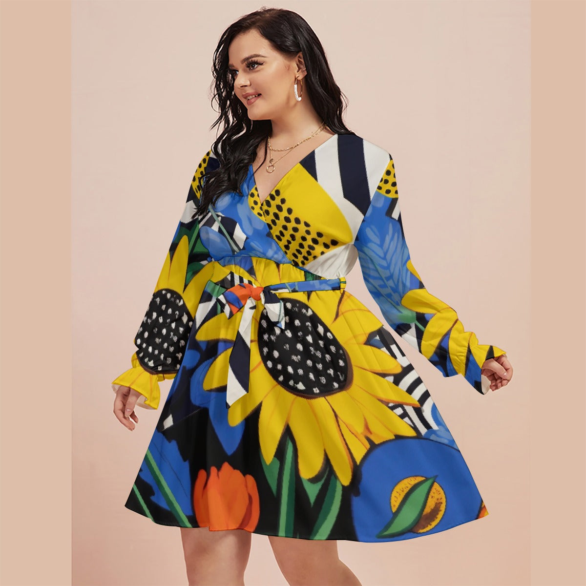 All-Over Print Women's V-neck Dress With Waistband(Plus Size)