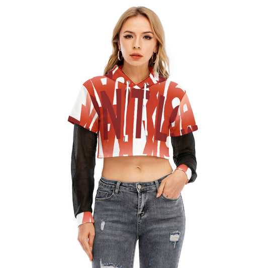 All-Over Print Women's Fake Two-piece Mesh Sleeve Cropped Hoodie