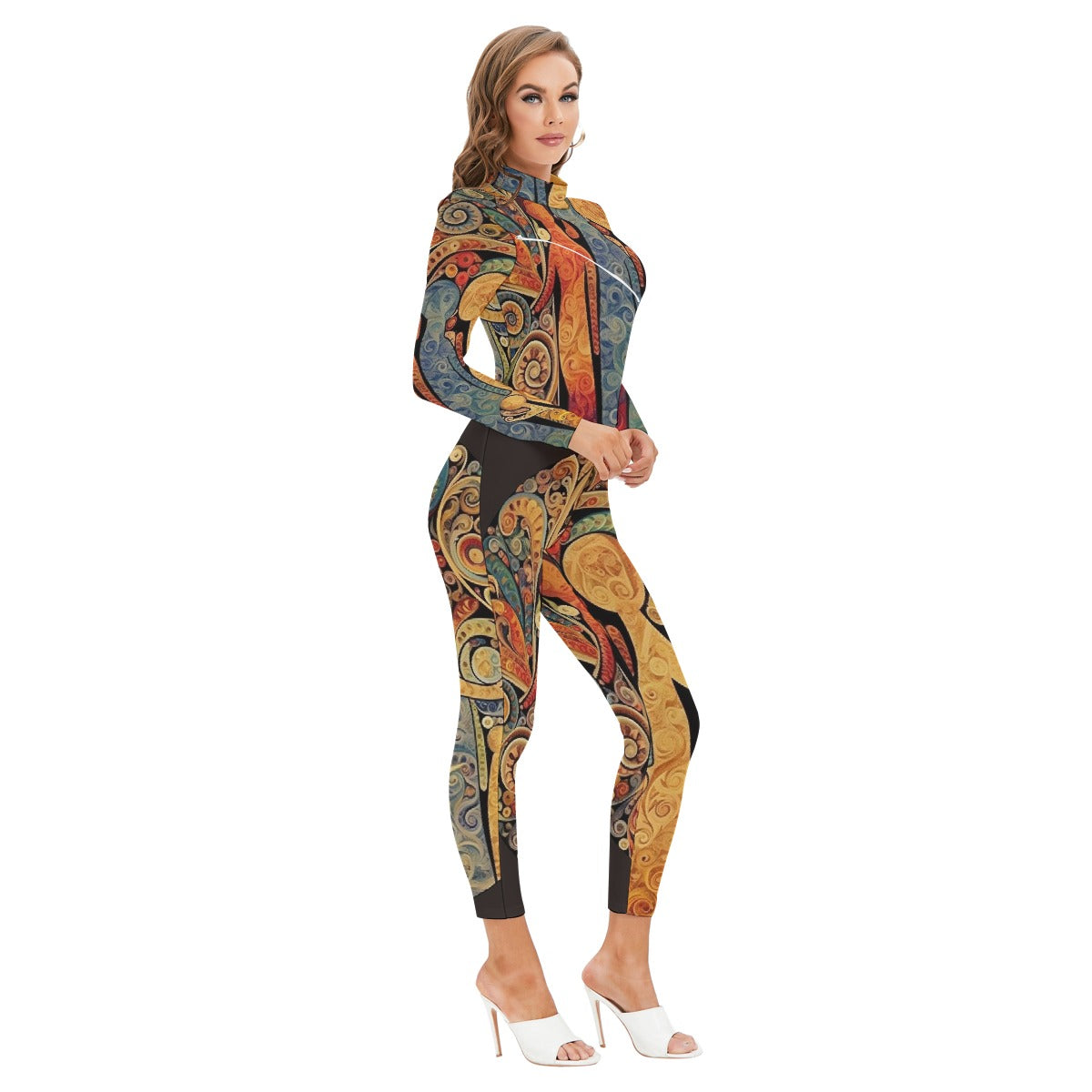 All-Over Print Women's Long-sleeved High-neck Jumpsuit With Zipper