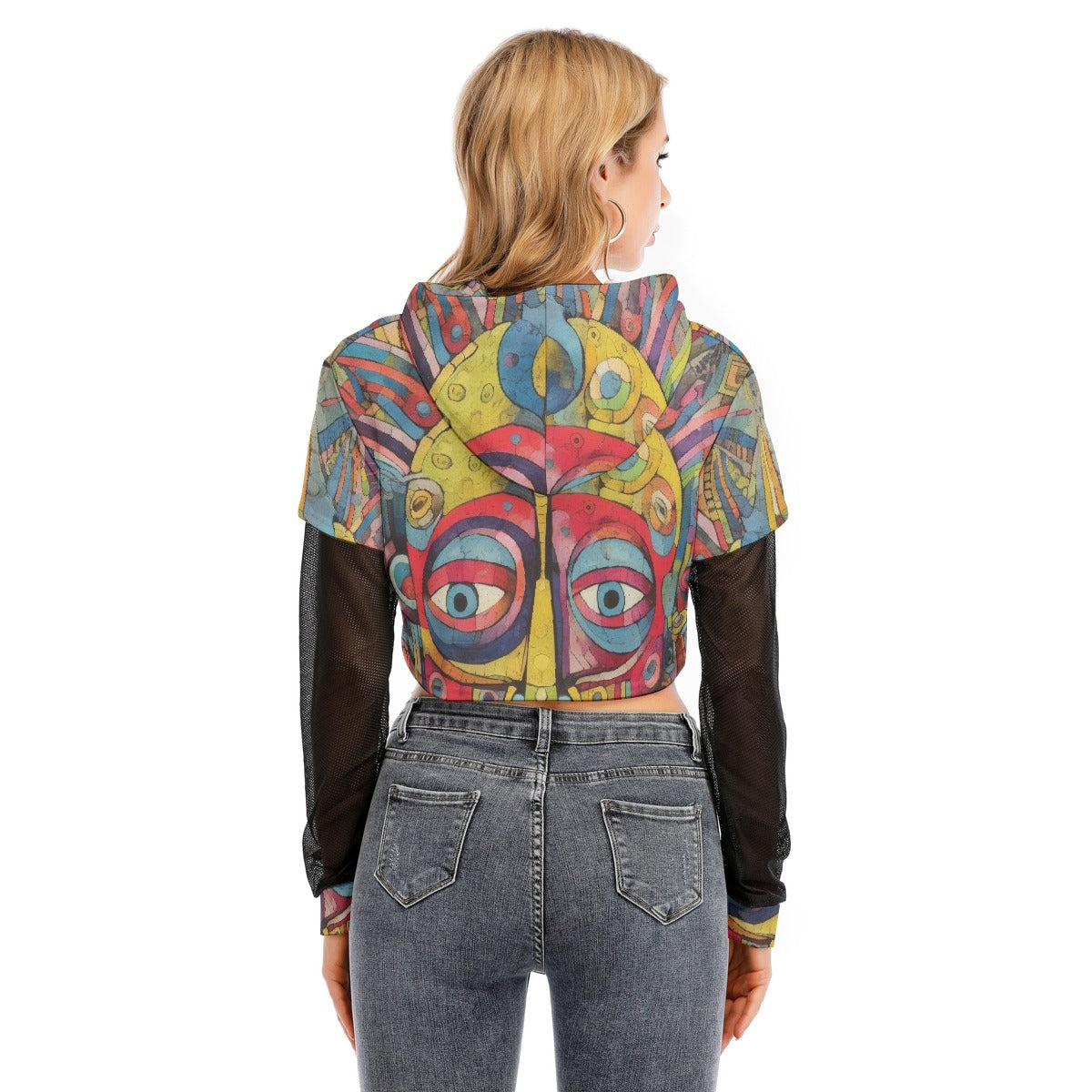 All-Over Print Women's Fake Two-piece Mesh Sleeve Cropped Hoodie