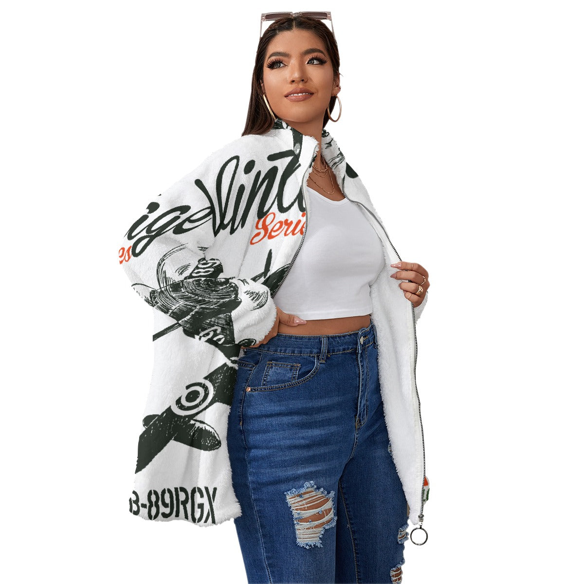 All-Over Print Unisex Borg Fleece Stand-up Collar Coat With Zipper Closure(Plus Size)