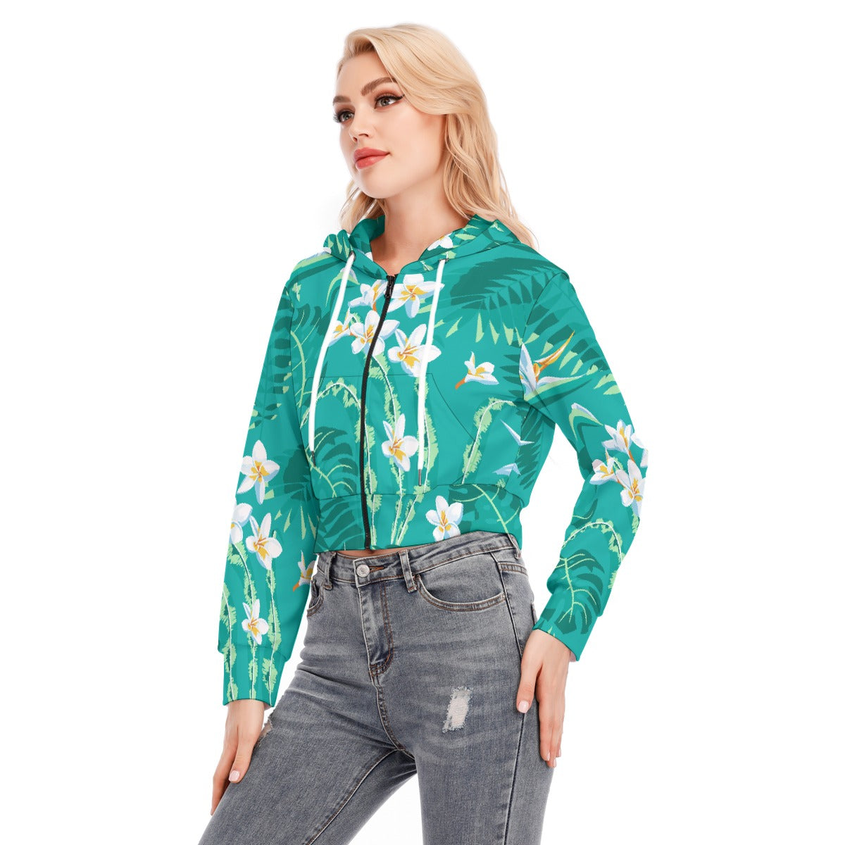 All-Over Print Women's Crop Top Hoodie With Zipper Closure