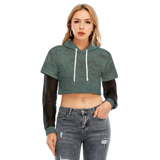 All-Over Print Women's Fake Two-piece Mesh Sleeve Cropped Hoodie