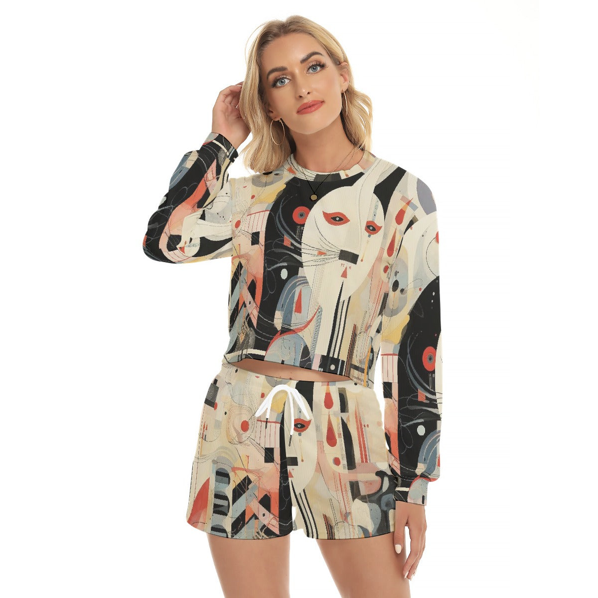 All-Over Print Women's Short Sweatshirt And Pants Suit