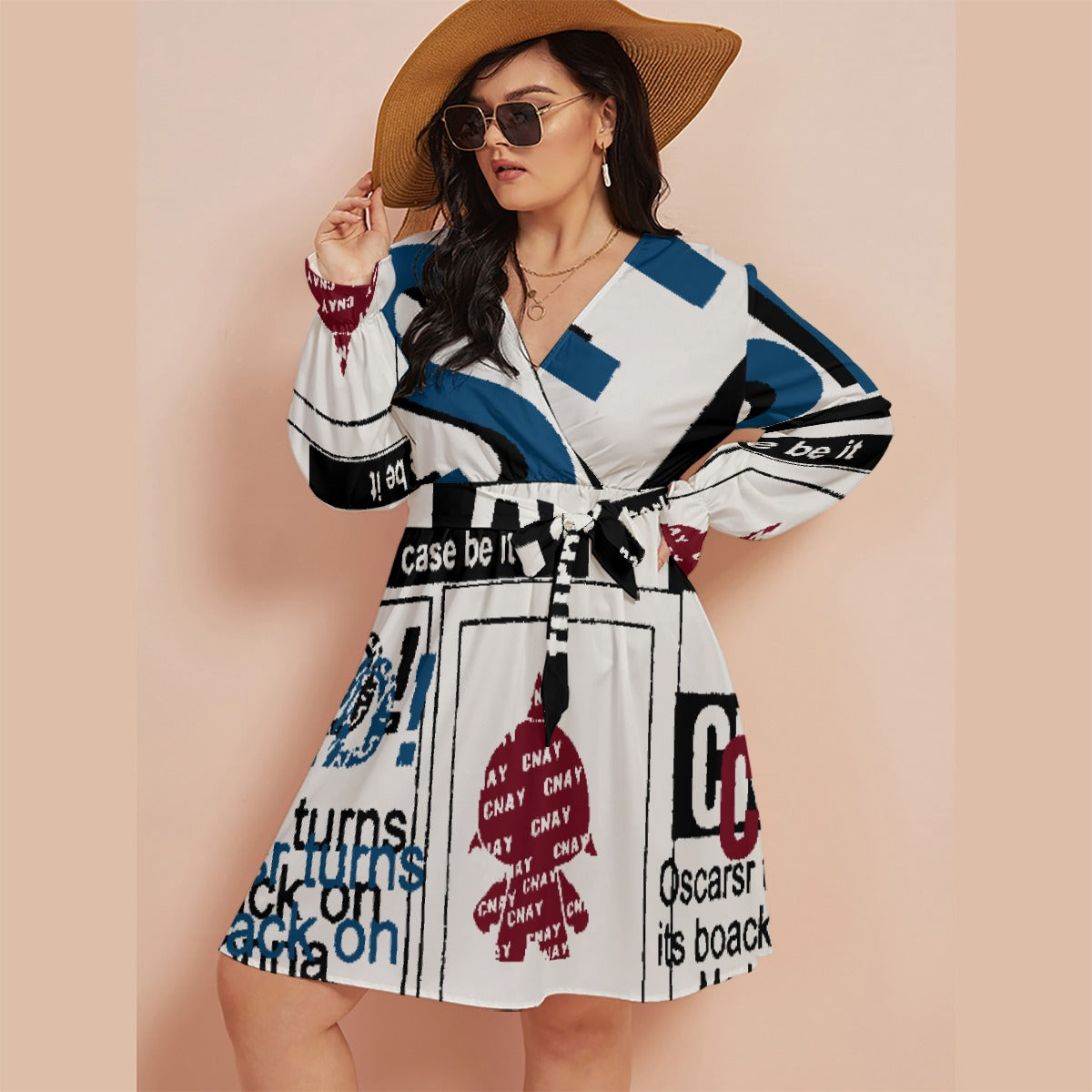 All-Over Print Women's V-neck Dress With Waistband(Plus Size)