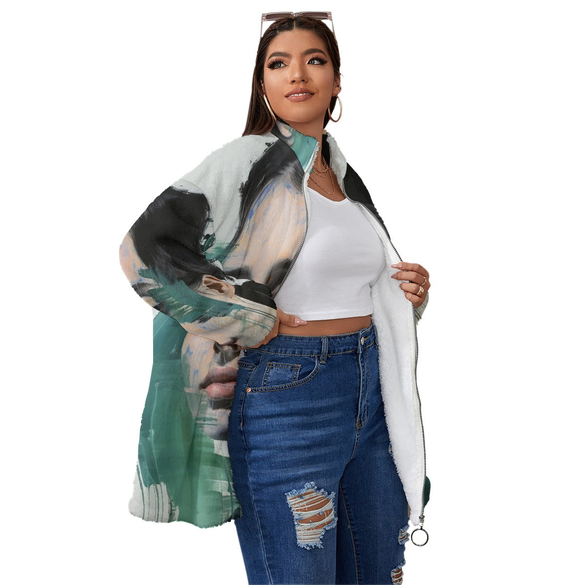 All-Over Print Unisex Borg Fleece Stand-up Collar Coat With Zipper Closure(Plus Size)