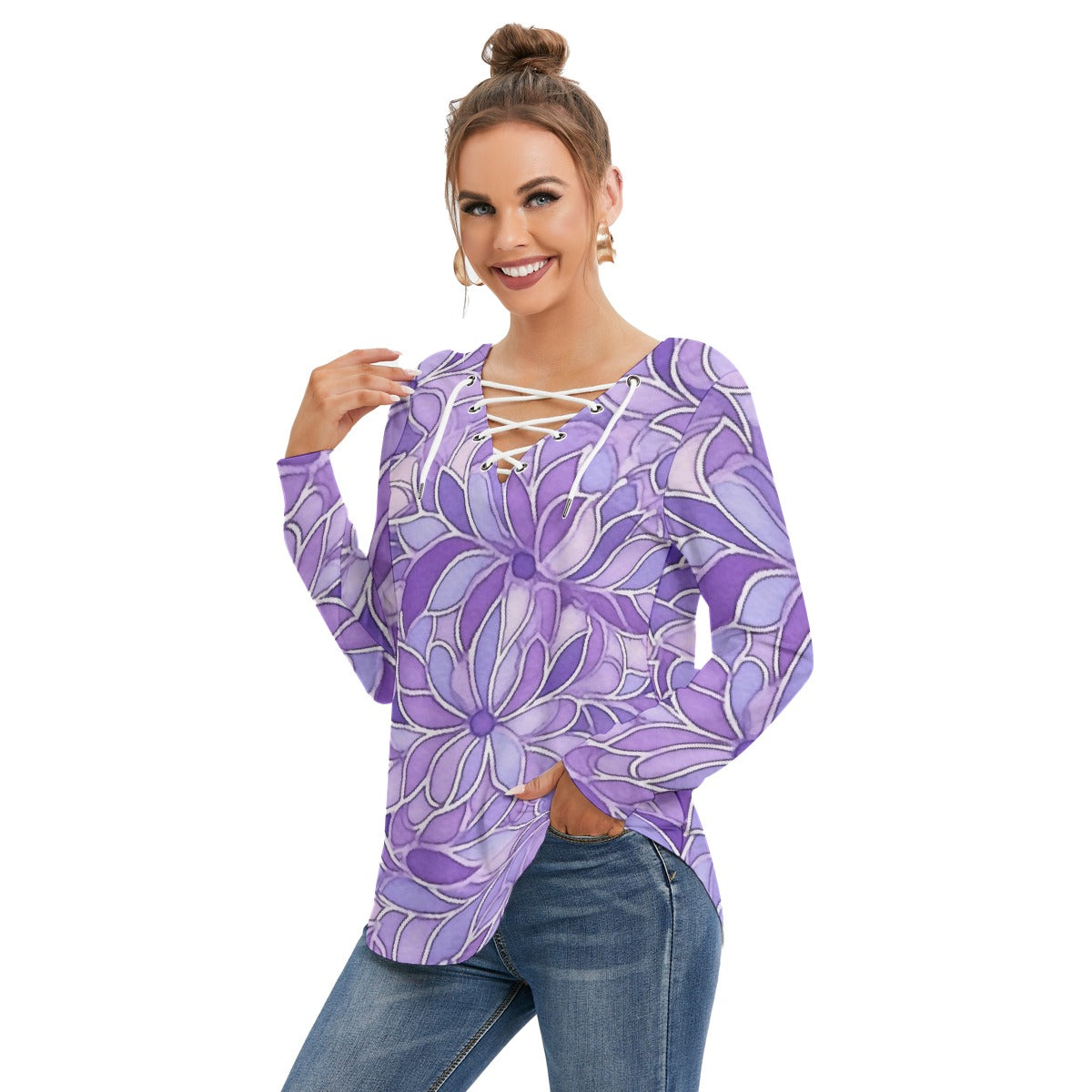 All-Over Print Women's Long Sleeve Neckline Tie Sweatshirt