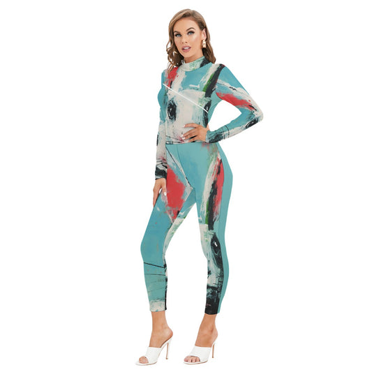 All-Over Print Women's Long-sleeved High-neck Jumpsuit With Zipper