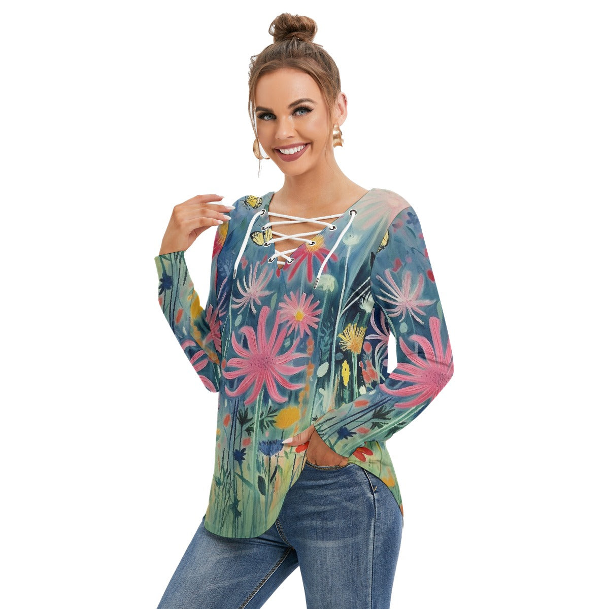 All-Over Print Women's Long Sleeve Neckline Tie Sweatshirt