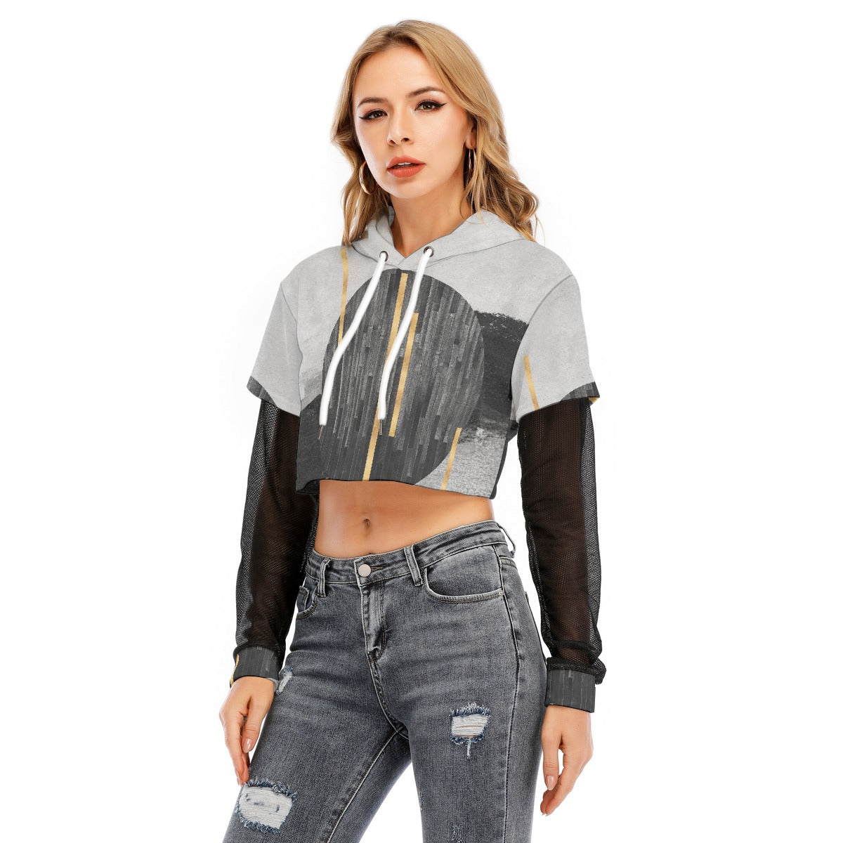 All-Over Print Women's Fake Two-piece Mesh Sleeve Cropped Hoodie