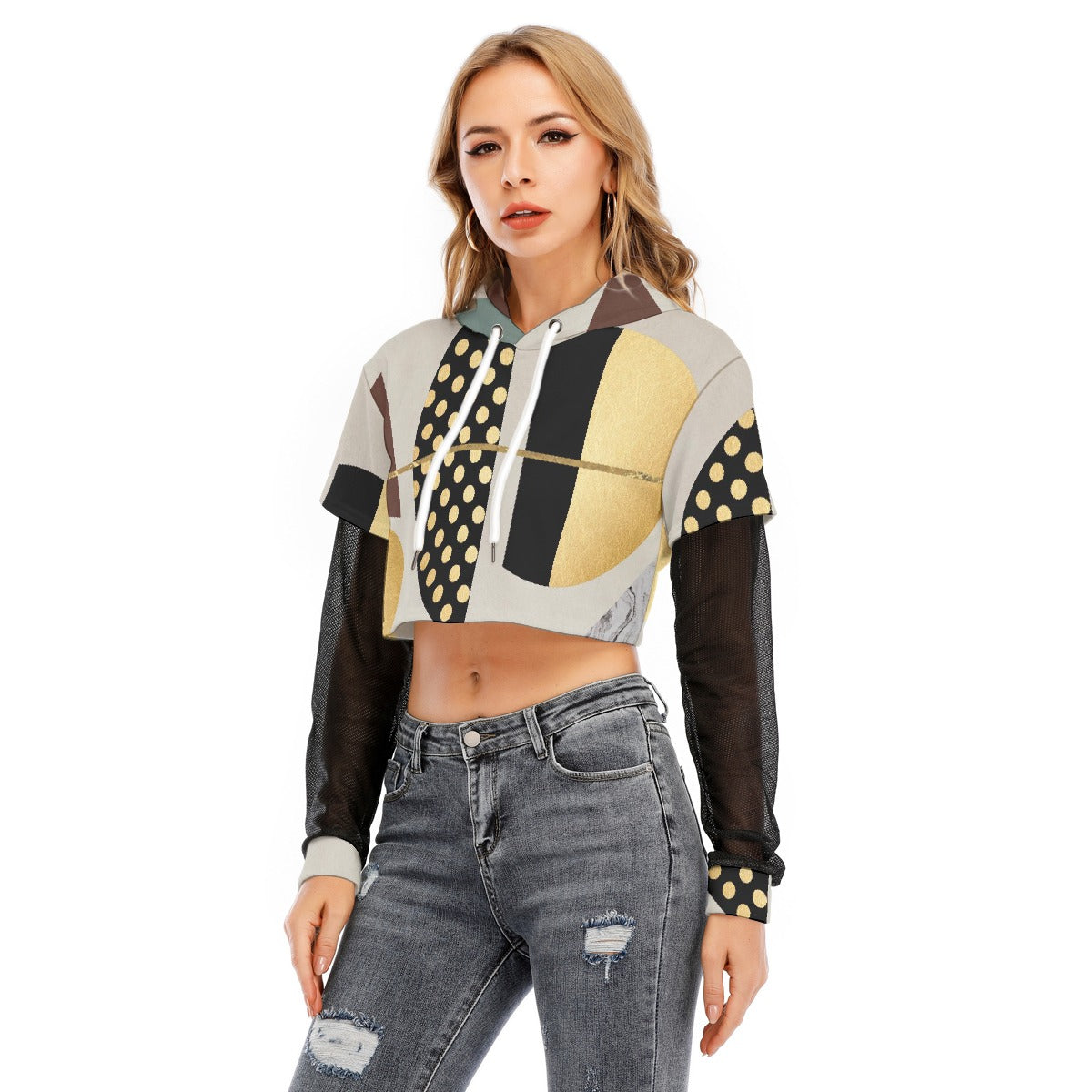 All-Over Print Women's Fake Two-piece Mesh Sleeve Cropped Hoodie