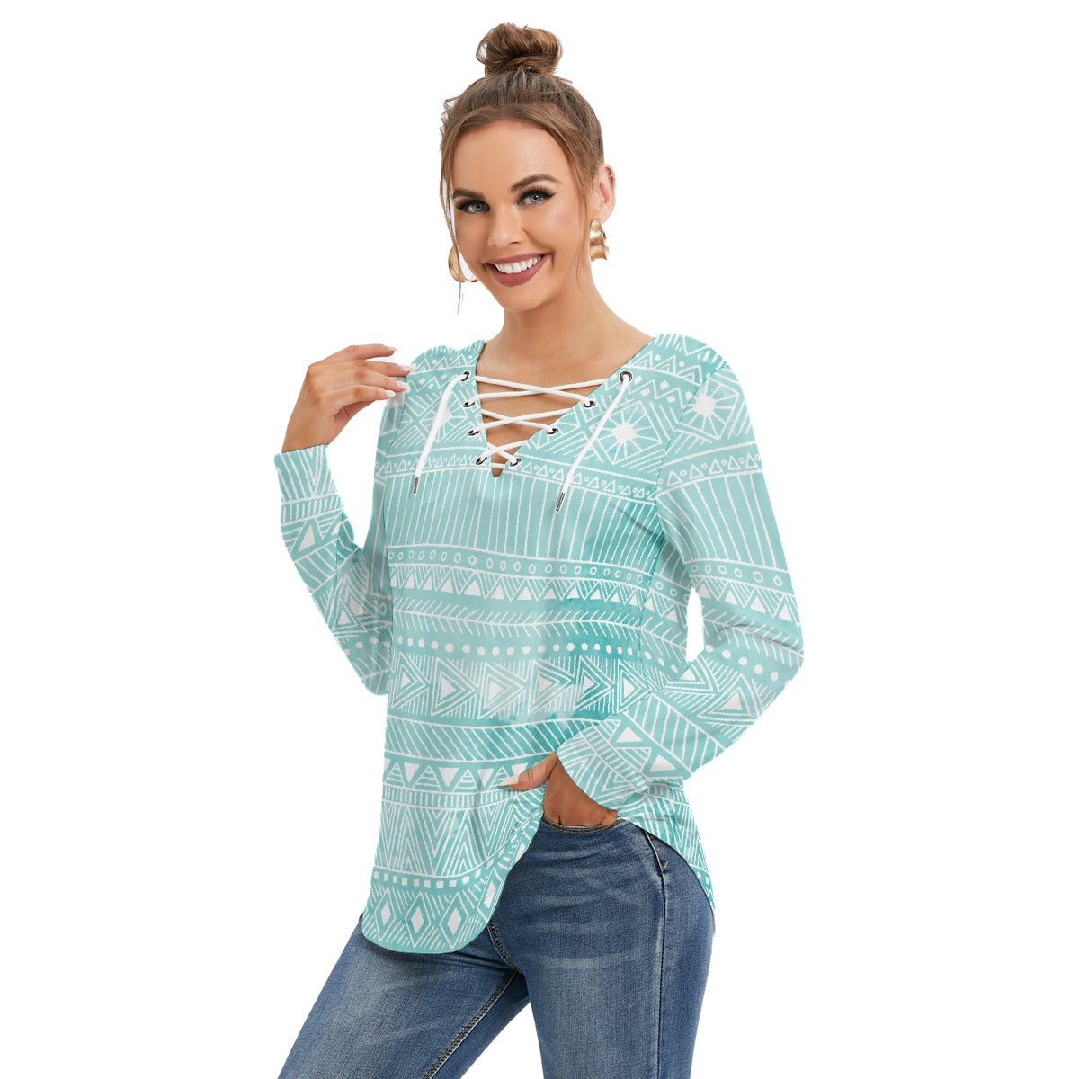All-Over Print Women's Long Sleeve Neckline Tie Sweatshirt