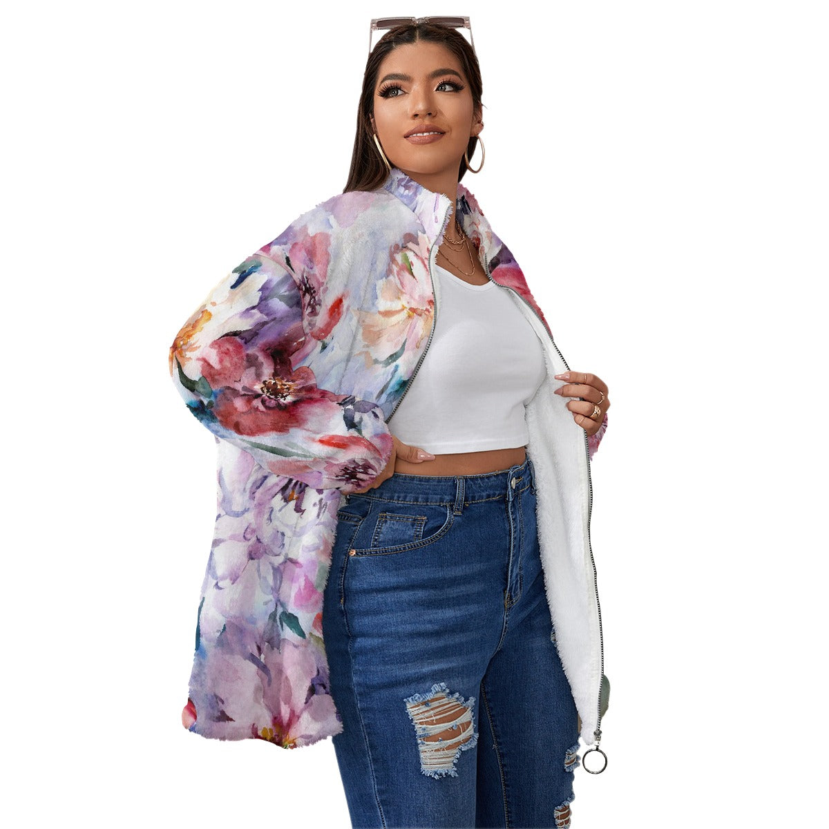 All-Over Print Unisex Borg Fleece Stand-up Collar Coat With Zipper Closure(Plus Size)