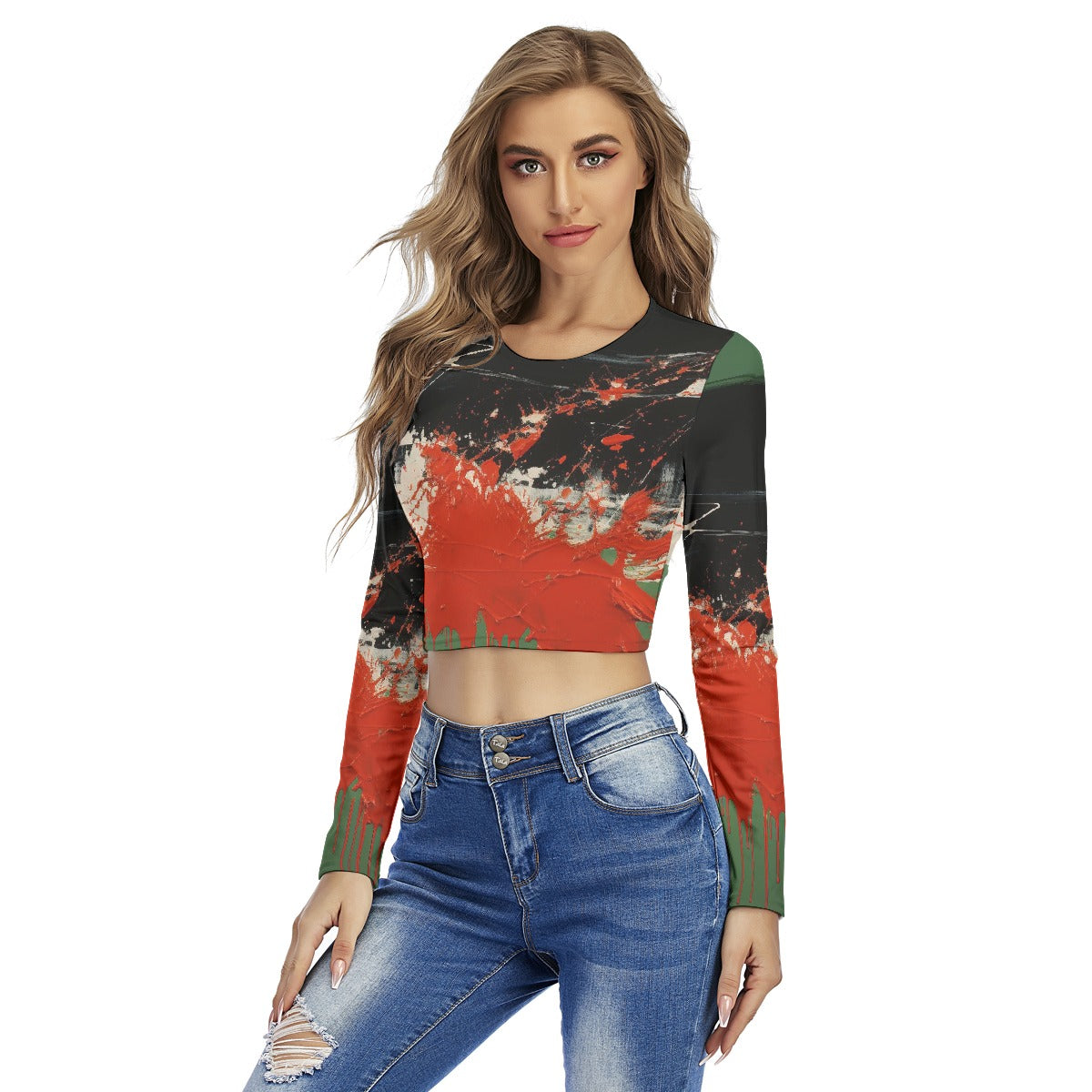 All-Over Print Women's Round Neck Crop Top T-Shirt