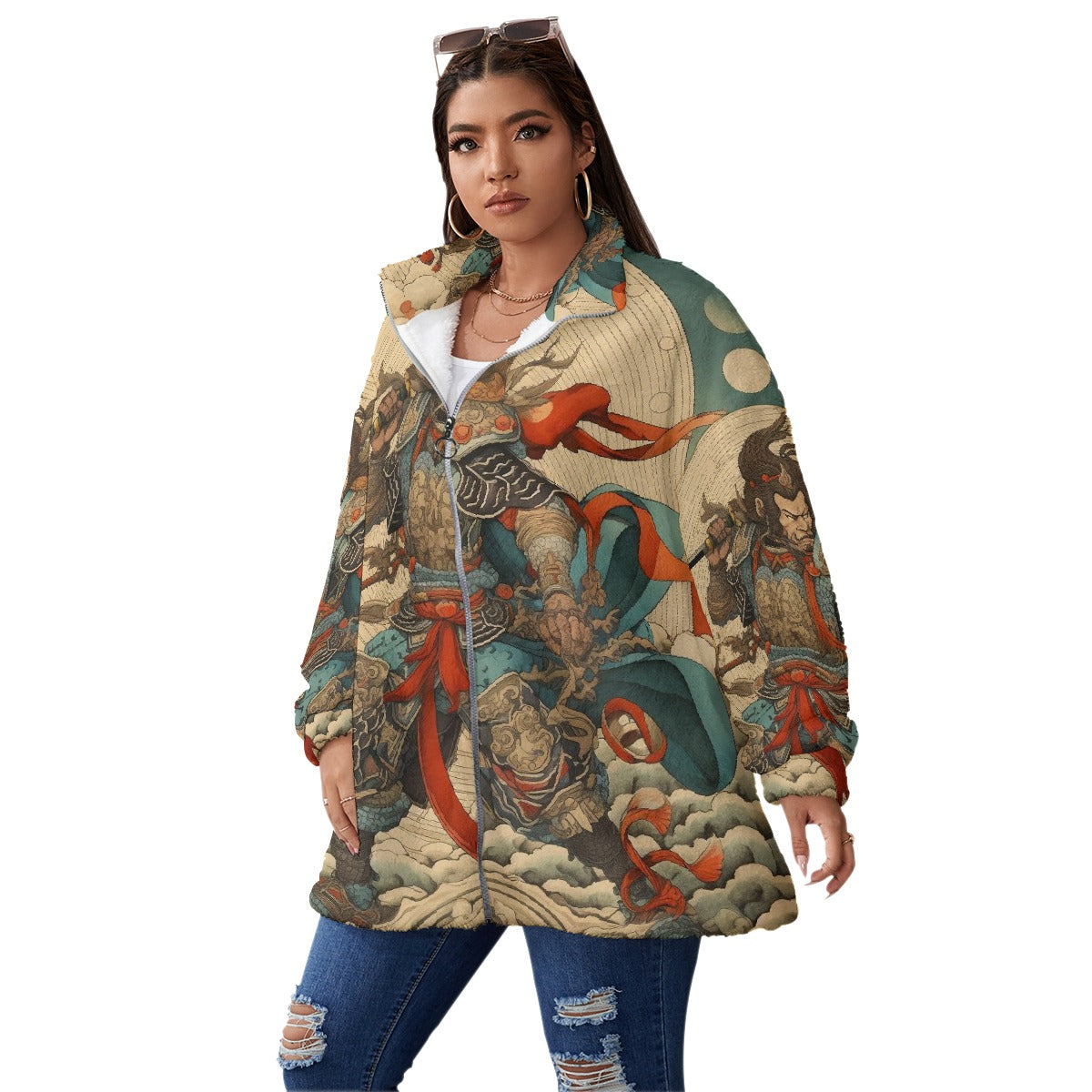 All-Over Print Unisex Borg Fleece Stand-up Collar Coat With Zipper Closure(Plus Size)