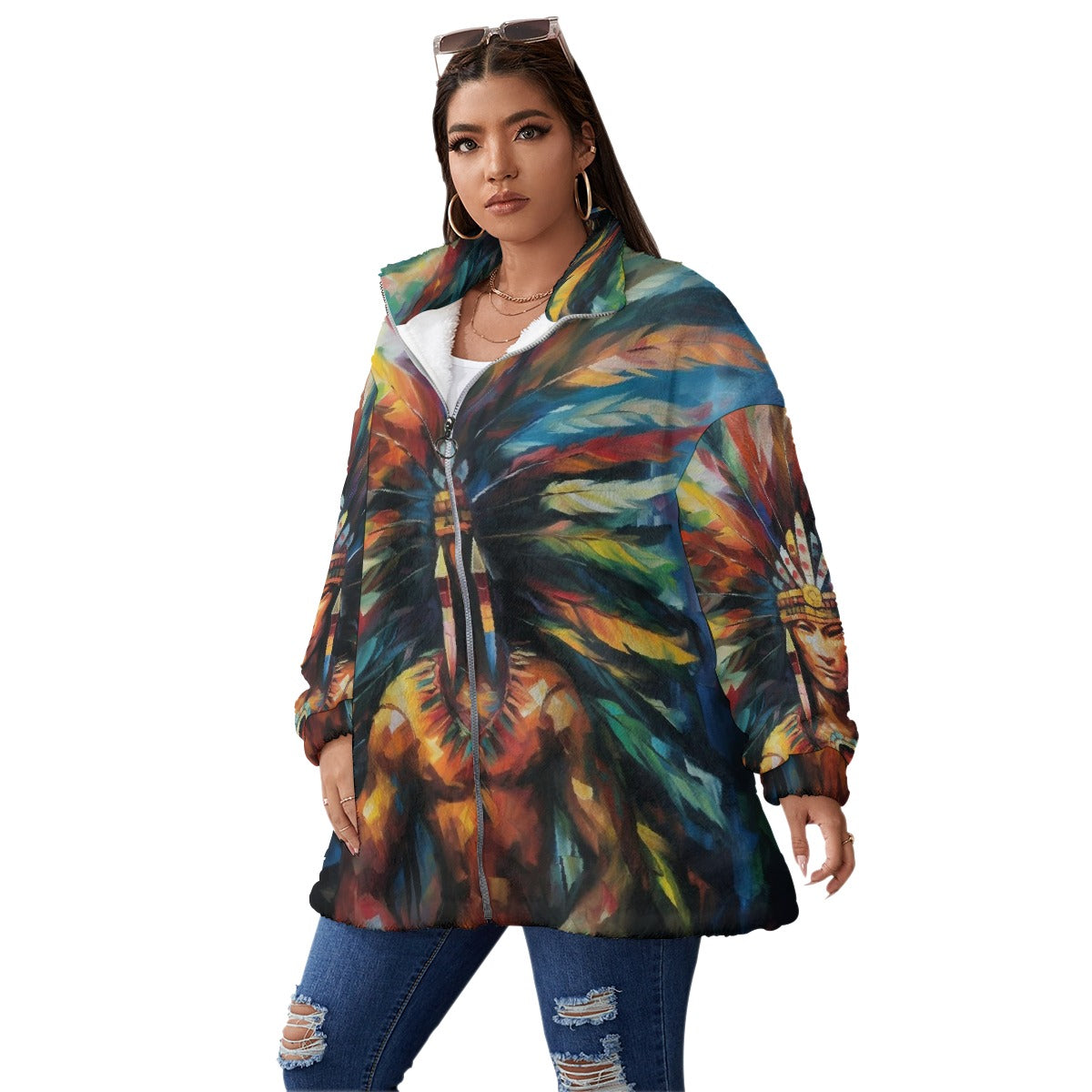 All-Over Print Unisex Borg Fleece Stand-up Collar Coat With Zipper Closure(Plus Size)