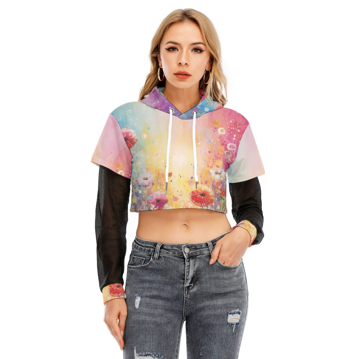 All-Over Print Women's Fake Two-piece Mesh Sleeve Cropped Hoodie
