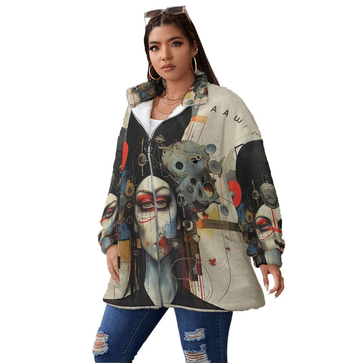 All-Over Print Unisex Borg Fleece Stand-up Collar Coat With Zipper Closure(Plus Size)