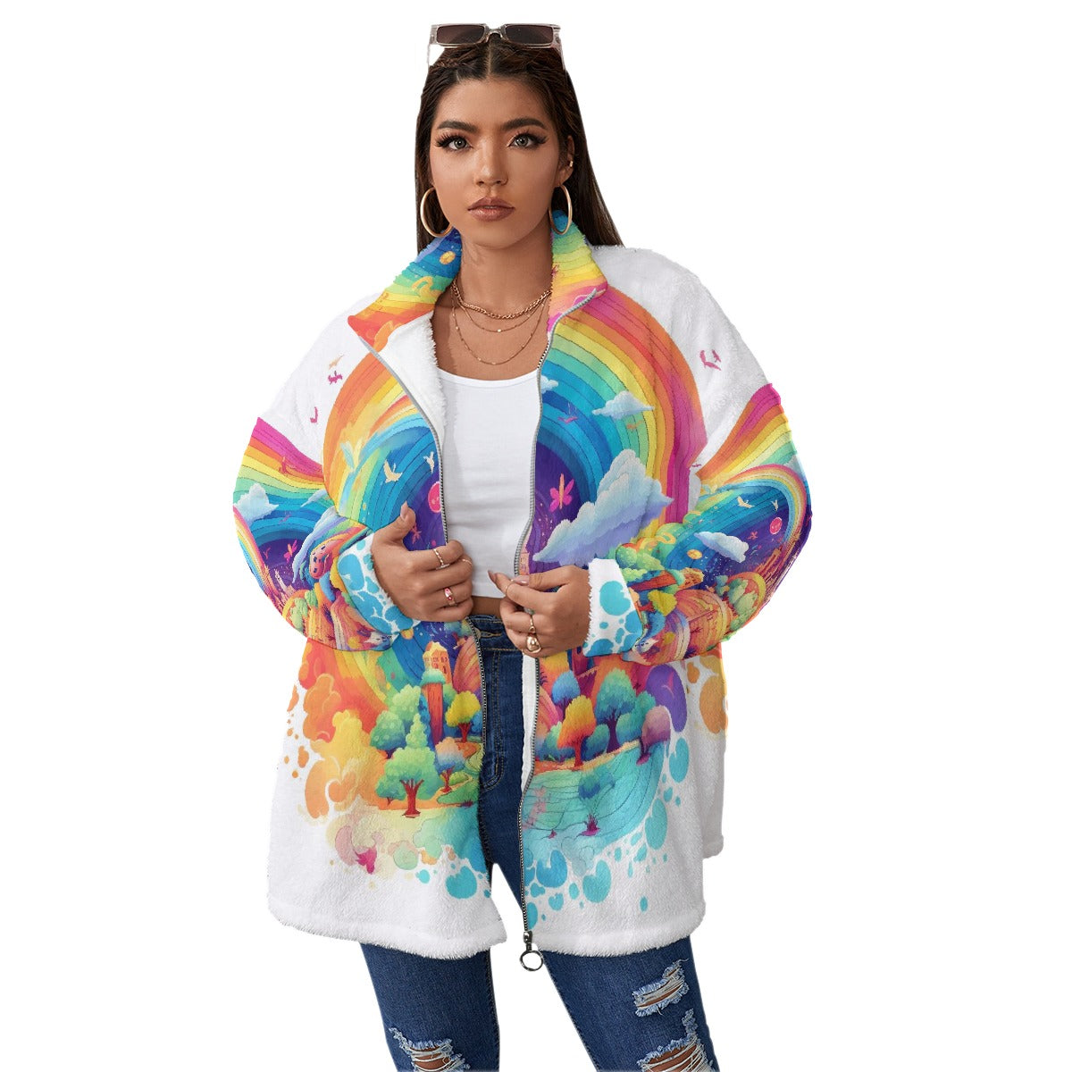 All-Over Print Unisex Borg Fleece Stand-up Collar Coat With Zipper Closure(Plus Size)