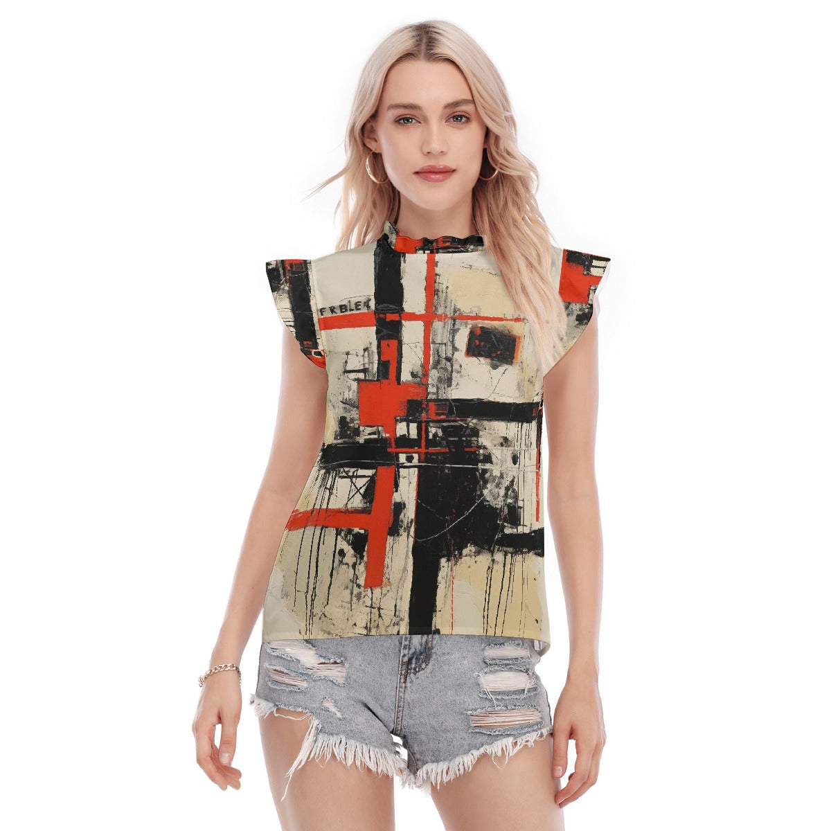 All-Over Print Women's Blouse With Ruffle Collar And Sleeve