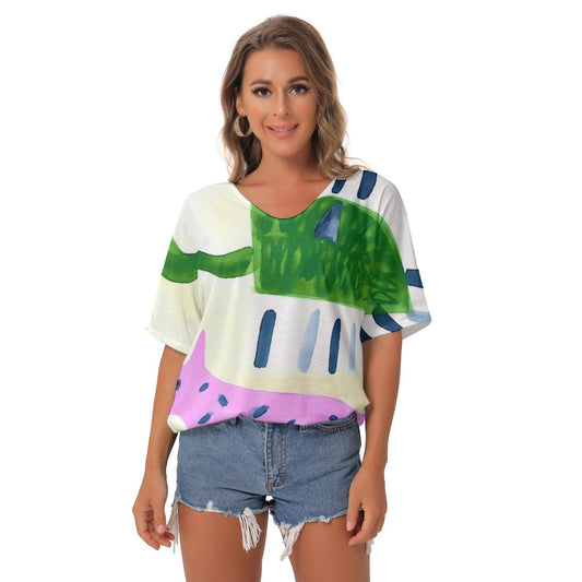 All-Over Print Women's Bat Sleeves V-Neck Blouse